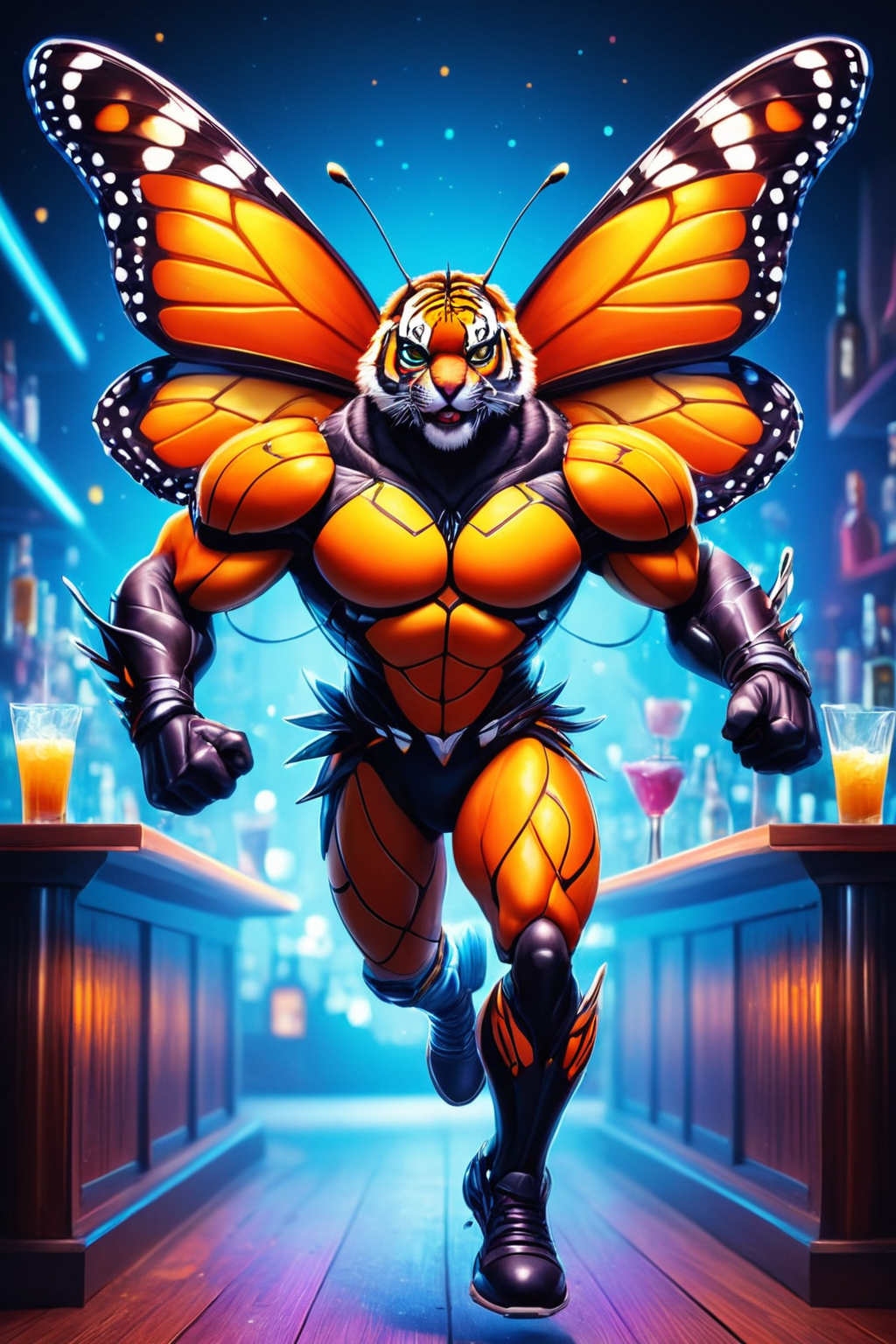 Detailed digital illustration of an anthro Monarch butterfly (Running towards the camera energetically) at a Neon-lit bar with holographic drink menus, <lora:xl_more_art-full_v1:0.5>,  <lora:anthro_muscular:0.7> , <lora:madpunk:0.4> madpunk