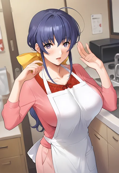 score_9, score_8_up, score_7_up, source_anime, masterpiece, 1girl, ct_haruka, blue hair, hair bow, ponytail, large breasts, pink shirt, long sleeves, apron, light pink long skirt, looking at viewer, indoors, japanese home, hand up,<lora:HarukaOgihara_Pony_ct:0.9>