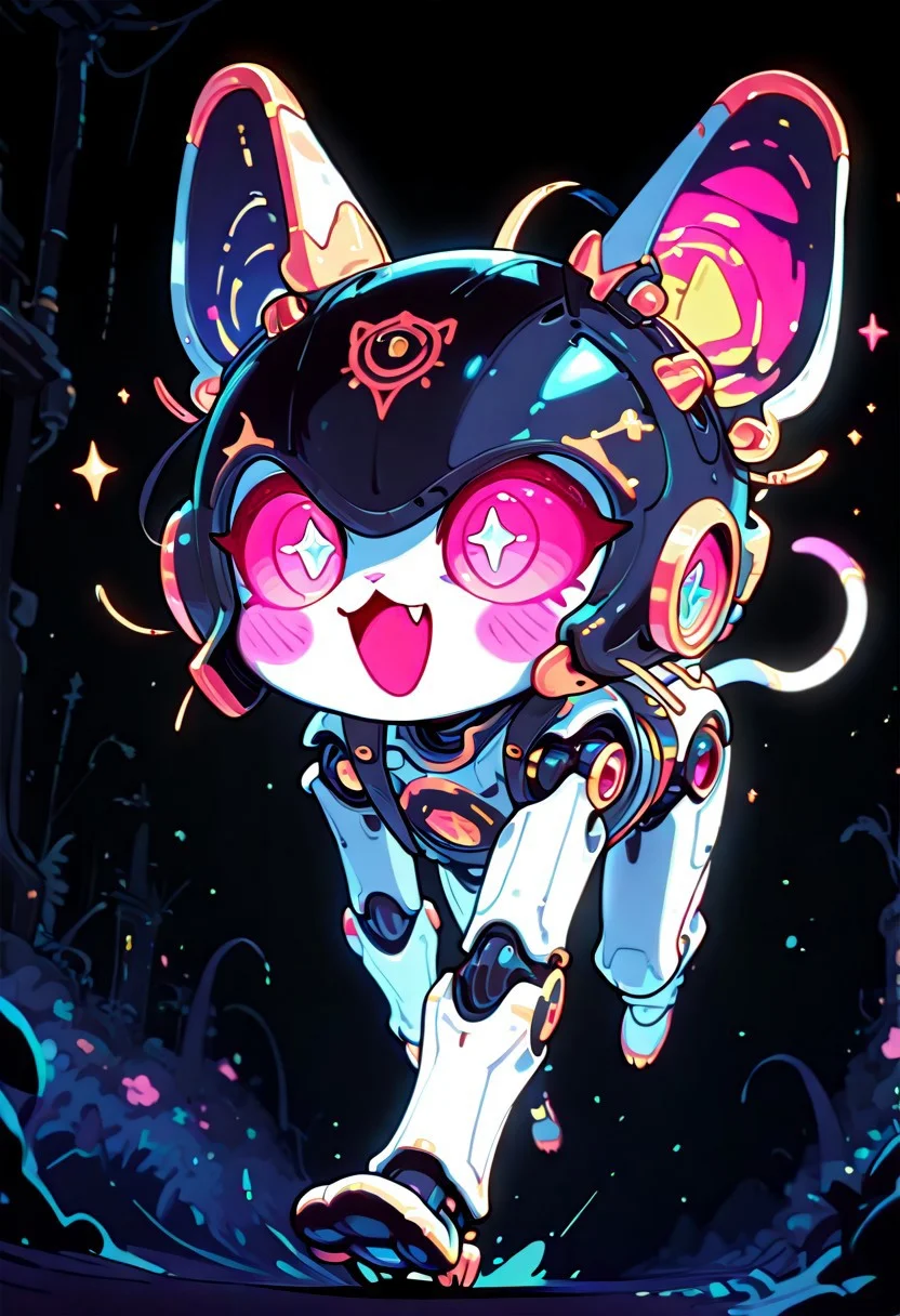 masterpiece, best quality, simple illustration, 1cat robot, no-human, superdeformer, cute, helmet with cat ears, full body, solo, dark background, sparkles, vivid colors, vertical pupils,fang, tail , mcnm, in the style of cknc, cute_style01f1, running, chashing mouse,
