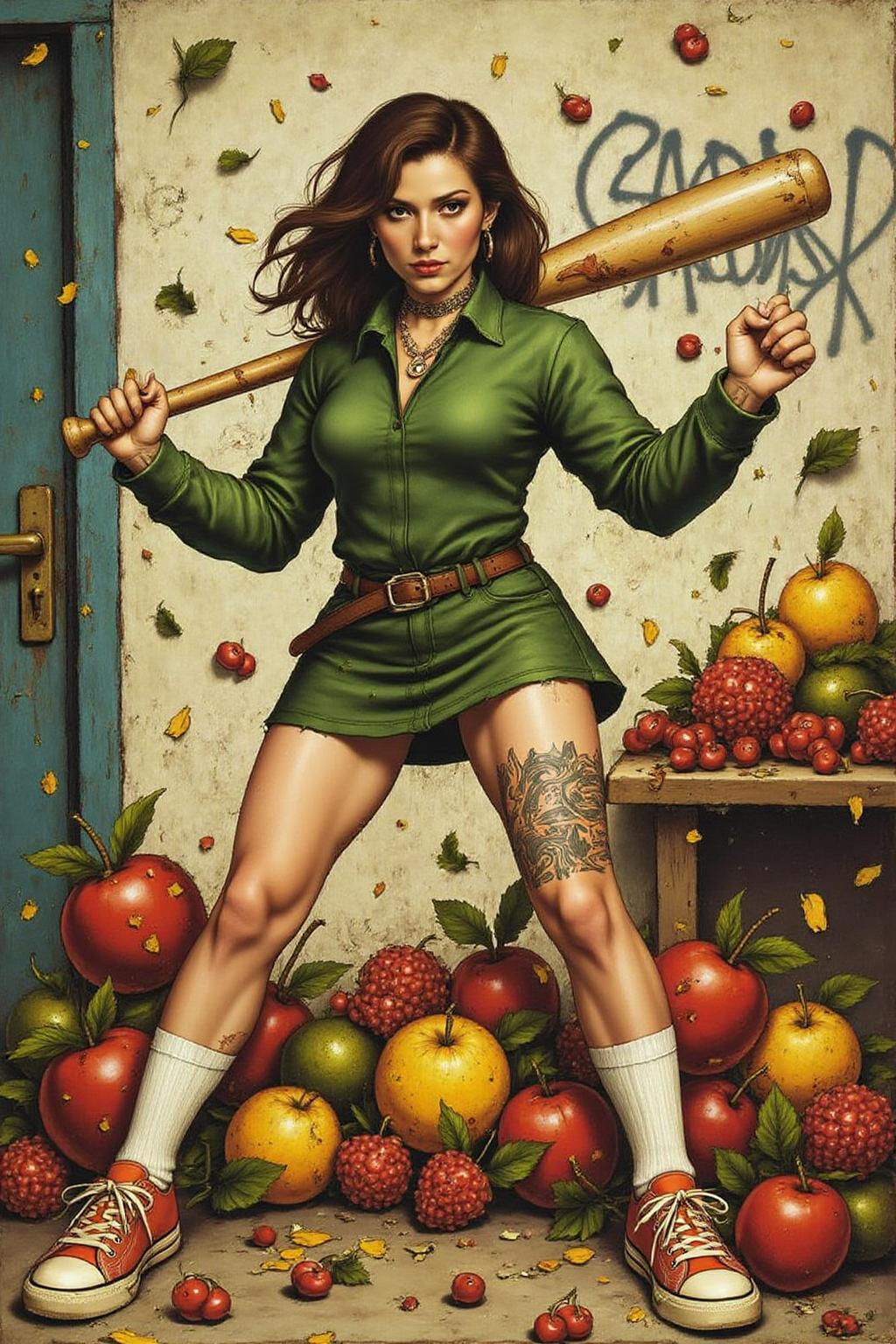 hansho1 painting of liquid splash, cartoonish juicy fruits chaos, dynamic pose, dynamic camera, a fashion shoot, an illustration of a woman threateningly holding a baseball bat in her hands, full body tattoo, wearing green short sweater, miniskirt, knee socks, orange sneakers, aggressive facial expression, wall with graffiti in the background. <lora:hansho1_cap_d6a3e12:1.0><lora:816882597931150683:0>