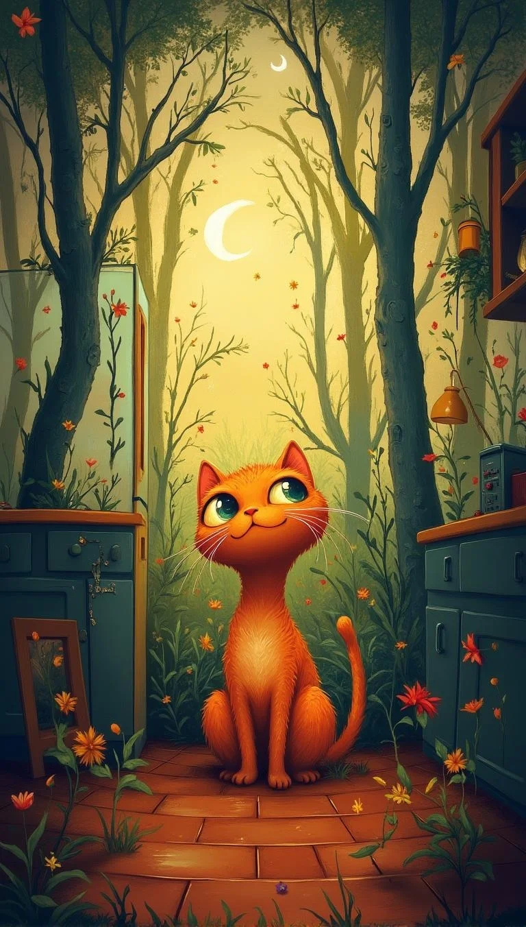 <lora:Green_cuties-000004.safetensors:1>
In a whimsical kitchen setting, an orange tabby cat sits against a vibrant mural depicting a forest with a crescent moon and feline face. The artwork's leading lines guide the viewer's gaze upwards, while warm colors evoke comfort and intimacy.