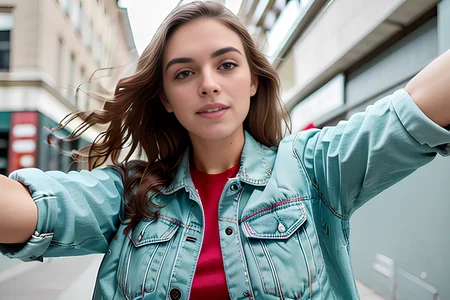 RAW photo, (masterpiece), best quality, extremely detailed,one man one woman, couple, sharp, studio quality, jean jacket, red shorts,outside, standing, evening, buildings,(outside in the city), standing, evening, sidewalk, (looking at viewer), 8k uhd, dslr, soft lighting, high quality, film grain, Fujifilm XT3, (full body portrait), (pov view), ((armoutstretched:1.2)), <lora:selfiearm:0.85>