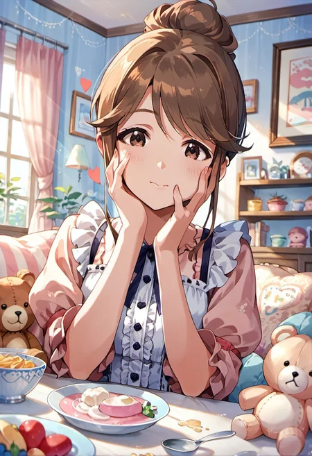 score_9, score_8_up, score_7_up, source_anime,tenkubashi tomoka, brown hair, brown eyes, 1girl, heart, stuffed toy, hand on own face, hand on own cheek, frills, spoon, food, indoors, hair bun, solo, stuffed animal