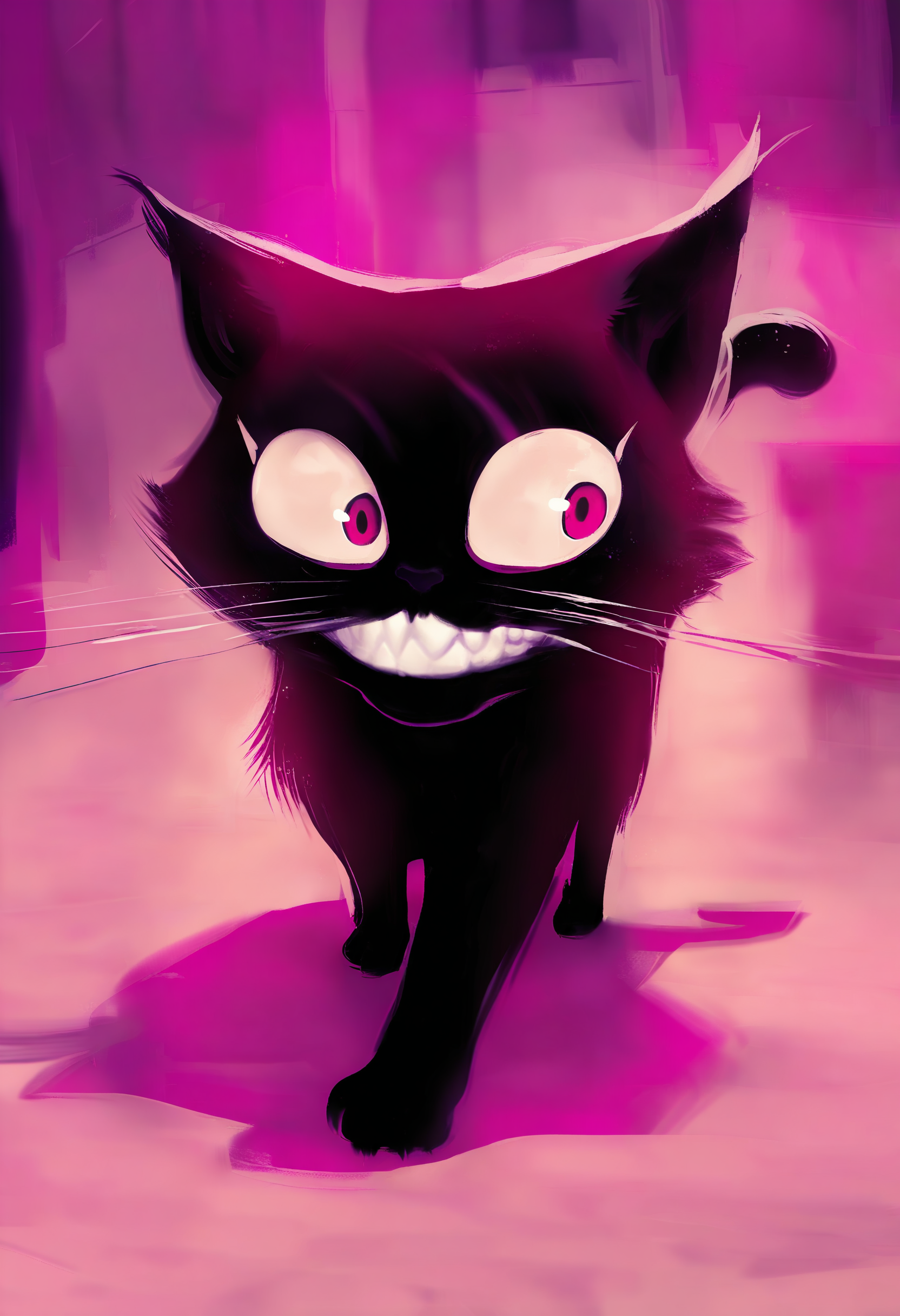 masterpiece,darkred theme, no humans, cat, The most striking feature is the face's wide, exaggerated grin,cute, featuring a row of sharp, white teeth that form a zigzag pattern, giving it a menacing yet playful appearance, animal, animal focus, shadow, black cat, Purple background
<lora:Maid Magic_Furry-V1:0.8>