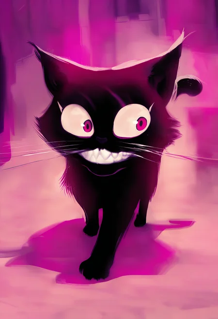 masterpiece,darkred theme, no humans, cat, The most striking feature is the face's wide, exaggerated grin,cute, featuring a row of sharp, white teeth that form a zigzag pattern, giving it a menacing yet playful appearance, animal, animal focus, shadow, black cat, Purple background
<lora:Maid Magic_Furry-V1:0.8>