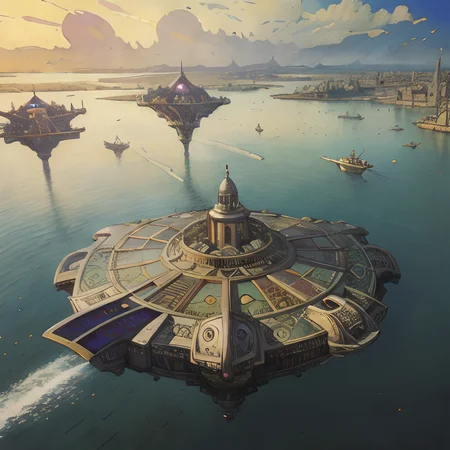 (Masterpiece), artwork, moebius steampunk, a picture of a huge lively aztec port, in the background a city of white impressive buildings stretching up the green hills, domes, and temples dominating the skyline, flying machines in a clouded sky, in the harbour steampunk-cruiser arriving and leaving, best quality, ultra high res, cinematic lighting, dramatic lighting, glorious, spectacular, dslr, ultra quality, sharp focus, tack sharp, dof, film grain, technicolor, Fujifilm XT3, photorealistic, 8K UHD <lora:Don_Lawrence_Storm_v1:0.6>, dlstormstyle, <lora:Moebius:0.9> <lora:Nouveau_last:0.6>, art nouveau Style,