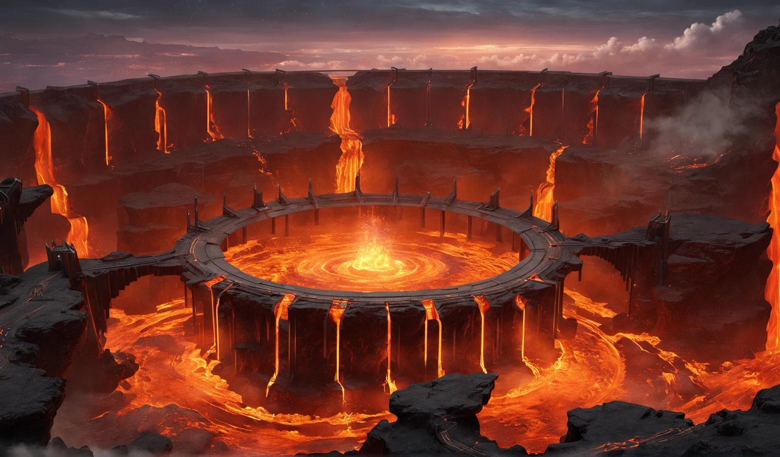 scene concept, lava field, 3d rendering, realistic style, ultra-clear details, masterpiece, high quality, lava, solo, landscape, outdoor, cliff, clouds, fire, science fiction, top view, magic circle, glowing stone, magic circle, architecture, bridge <lora:ç岩ä¹å°:1>