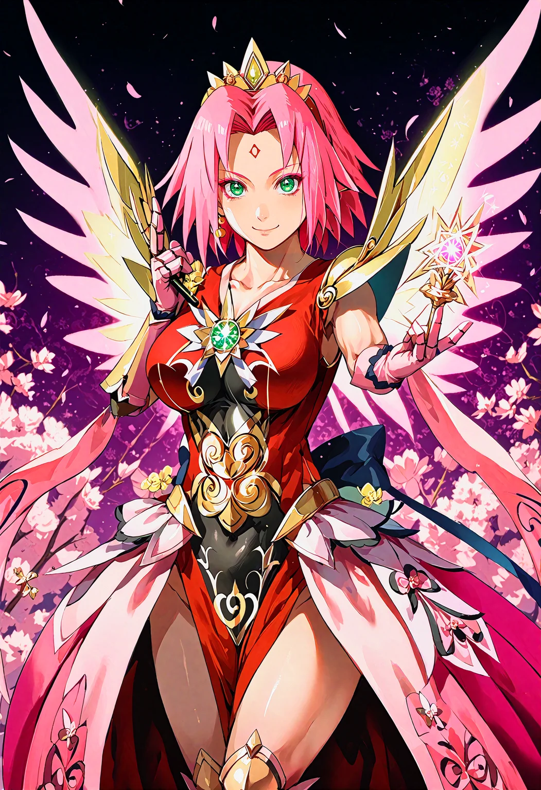 score_9, score_8_up, score_7_up, source_anime, 1girl,
 <lora:character_sakuraShippudenPXL-Konan:0.7> 1girl, haruno sakura, pink hair, hair, green eyes, forehead mark, (forehead jewel:0.8), looking at viewer, smile, happy, (pink eyeliner:1.1), light makeup, (adult female:1.1), (tall:1.2), 
<lora:costume_showgirlSkirtPDXL:0.8> showgirl skirt, (magical girl:1.2), detailed red highleg leotard, (large breasts:1.1), thighhighs, (shoulder ornaments:1.2), (ornaments:1.2), bow, (tiara:1.2), magical girl jewelry, brooch, fancy outfit, 
<lora:styleArtist_sunaharaWataru-NakedSpaceMan:0.8>, toned, (thigh muscles:1.2), (thick thighs:1.1), (long skirt:1.1), detailed skirt, 
magic background, cherry blossom background, (magical girl pose:1.2), glowing wings, (filigree:1.3), armored dress, gauntlets, pauldrons, thigh gap, biceps, (collarbone:1.1), long gloves, arm outstretched, stance, knees, knee boots, 
 <lora:style_goldFiligreeMorph-duskfallcrew:0.8> dskgold_filigree, gold filigree, made of gold, abs, groin, (side view:1.2), (print leotard:1.2), holding wand,
