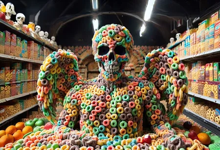 a detailed closeup scene of the angel of death, skull made of fruit loops, in a dark grocery store, after hours, cereal aisle, dynamic composition