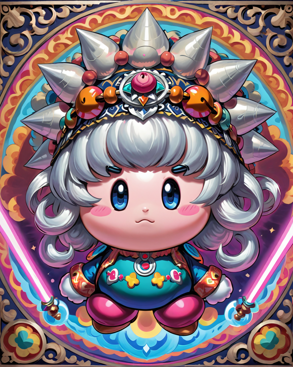 concept art, Fearful, beautiful midweight Kirby, Kirby has Silver hair styled as Afro, Vaporwave, <lora:Moroccan_Headdress_Ait_Baamrane:0.8> beautiful, traditional, headdress