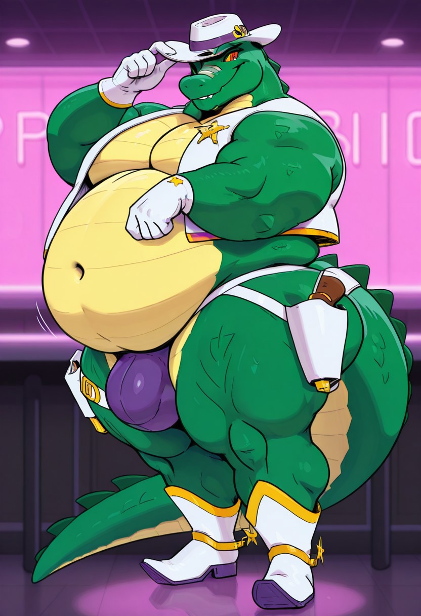 best quality, amazing quality, very aesthetic, 1boy, solo, furry, male, anthro, Pursuer_Agares, Furry, Crocodile, Green body, two tone body, (((yellow scelera, red eyes))), obese, muscular arms, muscular legs, fat, obese, overweight body, tail, male focus, anthro, furry male, fat male, mature male, animal ears, White Cowboy hat, White Open Vest, Gold Sheriff Badge, White Gloves, Purple Jockstrap, White Cowboy boots, Gold Spurs, White Gun Holster
BREAK close up, face focus, smile, ((weapon in holster)), Gold Revolver (weapon), strip club, pink neon lights
BREAK natural lighting, depth of field, blurry foreground, bloom, backlighting, lens flare, motion blur, very awa, masterpiece, best quality, absurdres, newest, perfect quality, detailed background, intricate details, detailed background, masterpiece, best quality, absurdres, newest, perfect quality, best quality, intricate details, highres, 4k quality, HD, newest, P4nth3r4dr4w5, civifur