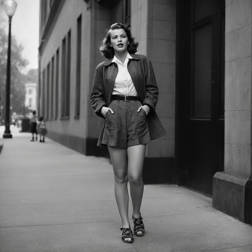 cinematic film still of  <lora:1940's style:1>
In the 1940's a woman standing on a sidewalk in front of a building,1girl,solo,looking at viewer,open mouth,long sleeves,standing,jacket,monochrome,full body,closed eyes,greyscale,outdoors,open clothes,shoes,shorts,belt,open jacket,plaid,sandals,facing viewer,freckles,realistic,hands in pockets,photo background  ,realistic,realism,perfection,perfect,filmic,retro,vintage,classic,different haircut,different look,different style,1940's style , 1940 style, shallow depth of field, vignette, highly detailed, high budget, bokeh, cinemascope, moody, epic, gorgeous, film grain, grainy