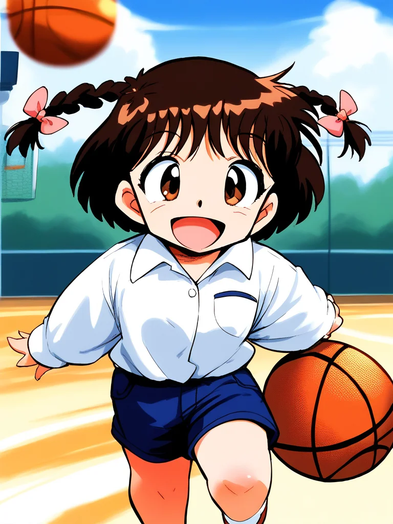 score_9, score_8_up, score_7_up, source_anime, rating_explicit, BREAK <lora:Shinba_Kurumi_XL:1>Shinba_Kurumi, brown hair, brown eyes, twin braids, hair bow, short hair, short stack,
1girl, solo, smile, shorts, shirt, bow, collared shirt, long sleeves, closed mouth, bangs, standing, bag, open mouth,
sky, day, basketball, ground,
