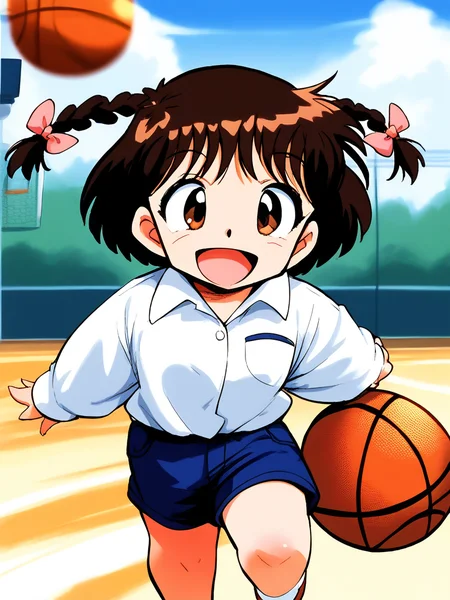 score_9, score_8_up, score_7_up, source_anime, rating_explicit, BREAK <lora:Shinba_Kurumi_XL:1>Shinba_Kurumi, brown hair, brown eyes, twin braids, hair bow, short hair, short stack, 
1girl, solo, smile, shorts, shirt, bow, collared shirt, long sleeves, closed mouth,  bangs,  standing, bag, open mouth,
sky, day, basketball, ground,