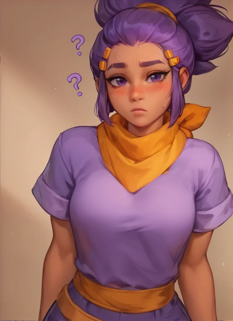 score_9, score_8_up, score_7_up, 1 girl , bsshelly ,purple hair, dark-skinned female, ponytail, hairclip, Neck scarf , pants, purple shirt, short sleeves,
<lora:bsshelly-000005:1> ,solo ,looking at viewer, solo ,blush, confused, <lora:Kittew-4RCH0N:1>-4RCH0N