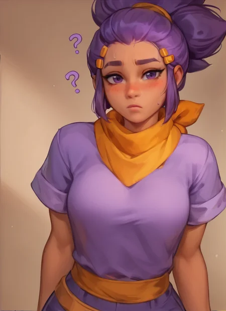 score_9, score_8_up, score_7_up, 1 girl , bsshelly ,purple hair, dark-skinned female, ponytail, hairclip, Neck scarf , pants, purple shirt, short sleeves,
<lora:bsshelly-000005:1> ,solo ,looking at viewer, solo ,blush, confused, <lora:Kittew-4RCH0N:1>-4RCH0N