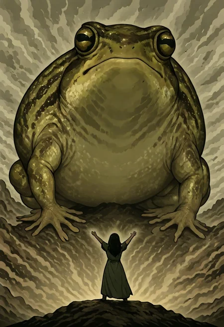 masterpiece, best quality, newest, absurdres, highres, anime, anime style, 1girl, SGV1.0, outstretched arms,
from behind,
DRFTPFV1.0, frog, desert rain frog, african rain frog, animal, animal Focus, oversized animal, gaint, giant, size difference