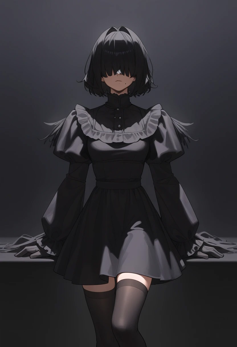 masterpiece, best quality, black blindfold, covered eyes, mole under mouth, clothing cutout, long sleeves, puffy sleeves, juliet sleeves, feather trim, black thighhighs, black gloves, black dress, black skirt,  <lora:Abbystea_Style_LoRA_XL:1>, abbystea style