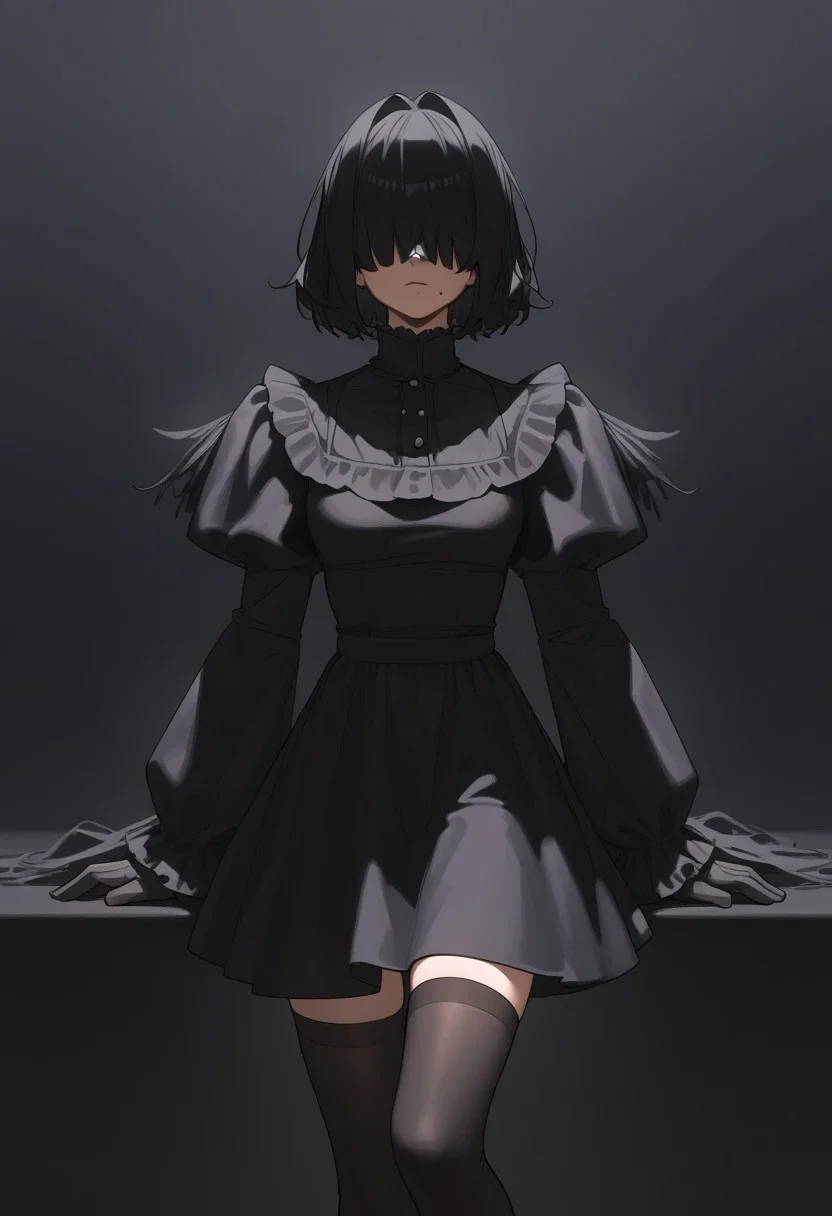 masterpiece, best quality, black blindfold, covered eyes, mole under mouth, clothing cutout, long sleeves, puffy sleeves, juliet sleeves, feather trim, black thighhighs, black gloves, black dress, black skirt, <lora:Abbystea_Style_LoRA_XL:1>, abbystea style