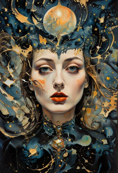 (An exquisite and sophisticated surrealist painting:1.3) of (of a woman whose head is planet Earth:1.8), (closeup:1.4), (dark space with stars background:1.8), BREAK muted colours, in the style of Salvador Dali, Max Ernst, Yves Tanguy and Rene Magritte. BREAK Front view, warm golden hour lighting, (high contrast:1.2), award winning details, vignette, highest quality, detailed and intricate, original artwork, intricate, aesthetic, ink , colorful, greg rutkowski, more detail XL,ANIME,abstract paintings,oil paint,aw0k nsfwfactory