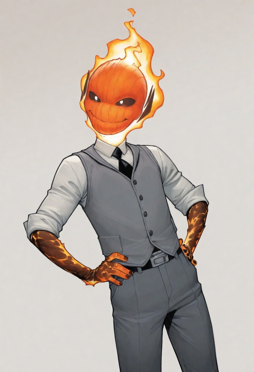 masterpiece, absurdres, high quality, perfect anatomy, 1boy, solo, cute boy, male focus, doyle, Orange Fire, Black Scelera, colored scelera, white shirt, grey vest, belt, sleeves rolled up, smug smile, hands on hips, cinematic, intricately detailed illustration, depth of field, masterpiece, best quality, amazing quality, very aesthetic, absurdres, newest, very awa,  shadow, dynamic angle, casual cosplay, dynamic pose, simple background,