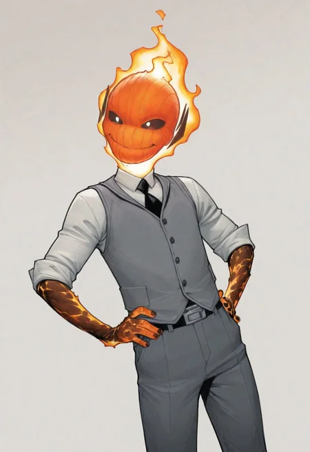 masterpiece, absurdres, high quality, perfect anatomy, 1boy, solo, cute boy, male focus, doyle, Orange Fire, Black Scelera, colored scelera, white shirt, grey vest, belt, sleeves rolled up, smug smile, hands on hips, cinematic, intricately detailed illustration, depth of field, masterpiece, best quality, amazing quality, very aesthetic, absurdres, newest, very awa, shadow, dynamic angle, casual cosplay, dynamic pose, simple background,