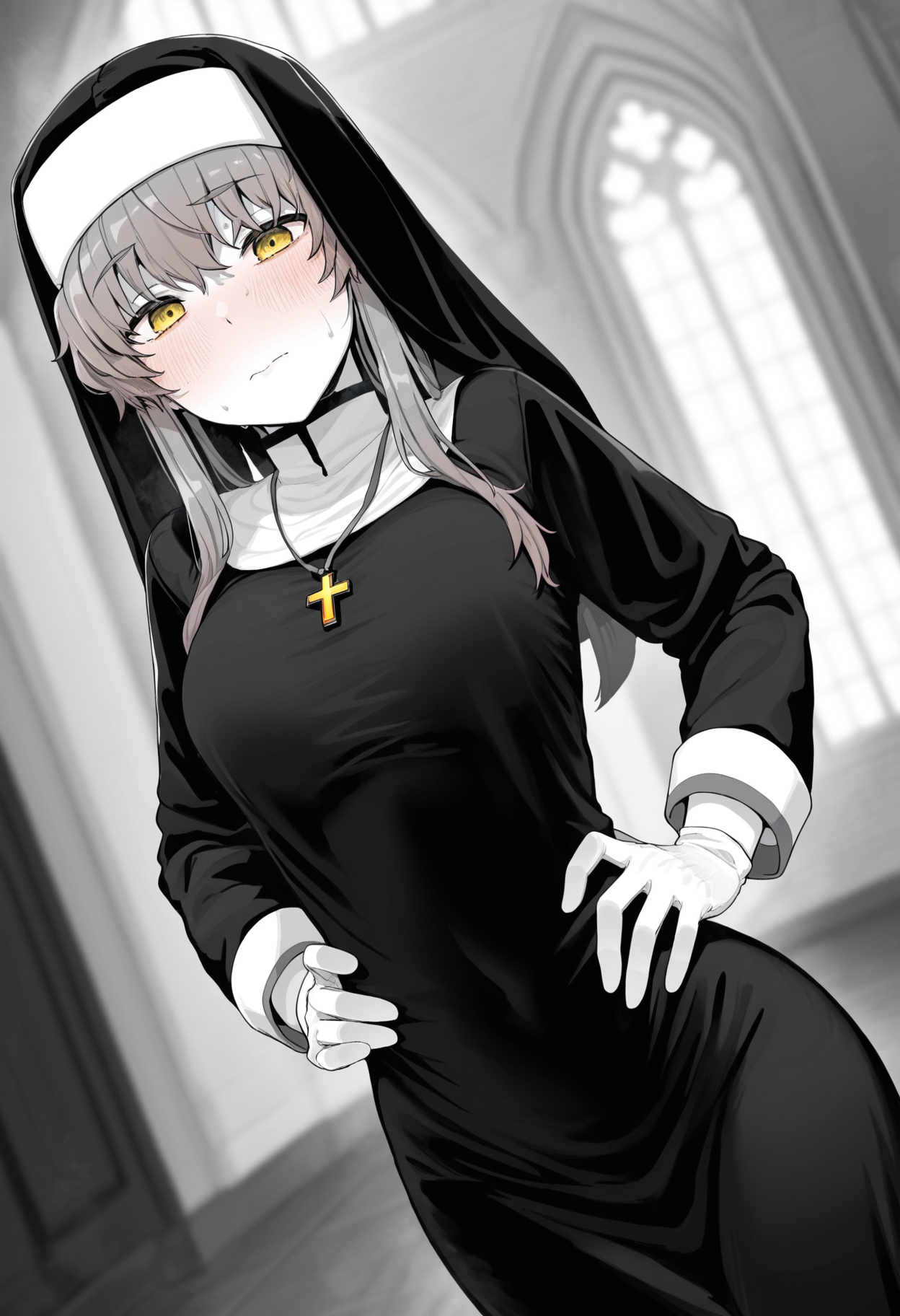 masterpiece,best quality,amazing quality,
1girl, nun, amane suzuha, yellow eyes, white gloves, hat, sweat, habit, long sleeves, dress, breasts,
hands on hips,
looking at viewer, blush, closed mouth, spot color,limited palette, monochrome, dutch angle,
<lora:Kindatsu_epoch_10:1>