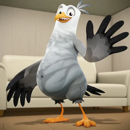 1boy, male, Gull, seagull, white head feathers, grey belly feathers, dark grey arms, black hand feathers, large hands, feathered hands, feathered fingers. small legs, orange legs, webbed feet, black tail feathers, large body, round belly, orange beak, teeth, big eyes, 3 feathers on head, white sclera, dark brown pupils, big eyes, square head, smile, looking at viewer, (masterwork, masterpiece), indoors, living room, couch, detailed background, DOF, 3D, half portrait, posing
