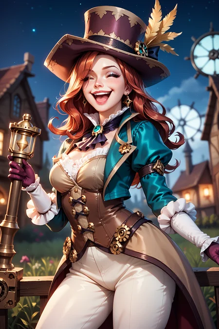 t34l_w1tch, score_9, score_8_up, score_7_up, 1girl, solo, Miss Fortune from League of Legends, cowboy shot, laugh, night, steampunk, gears, Victorian era, doujin, <lora:tr1s5:1.0>