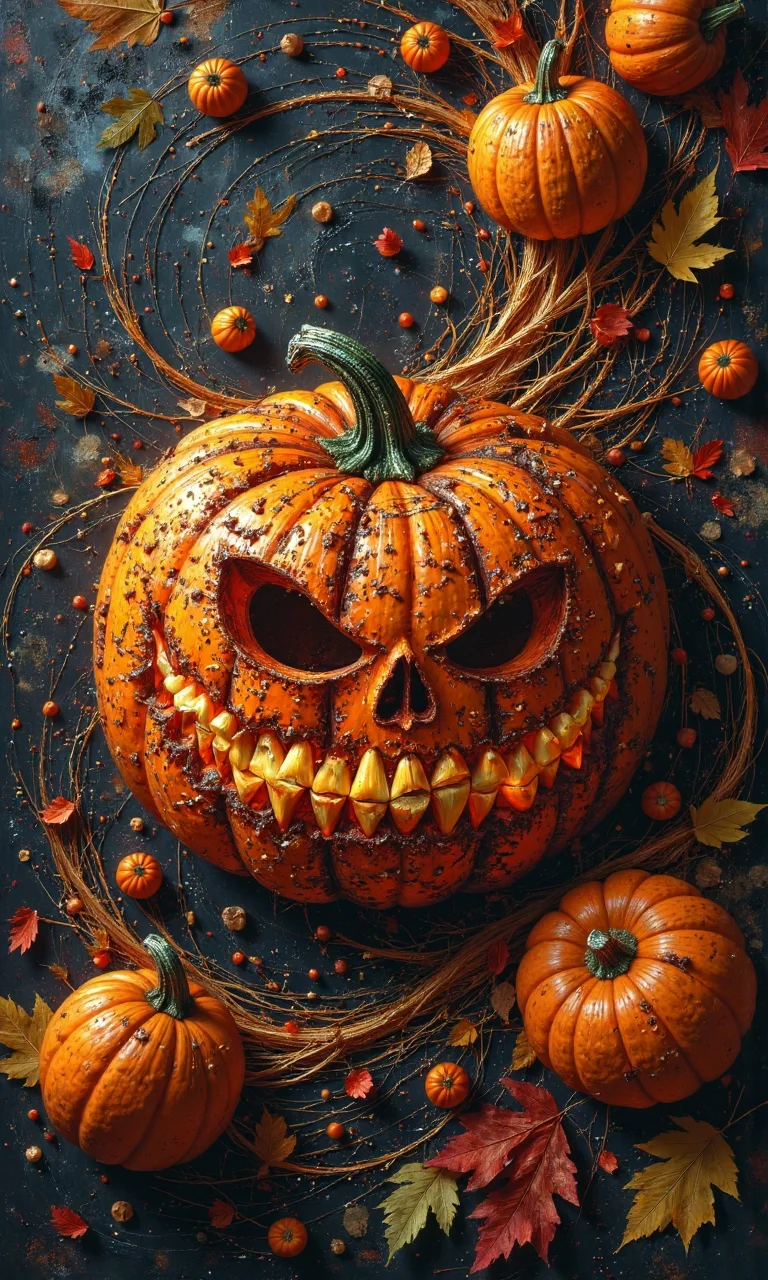 masterpiece, hyper realism, creepy eerie Jack-o'-lantern pumpkin, dutch angle, side view, abstract background with geometric shapes, various circles blending, fractal designs, autumn leaves