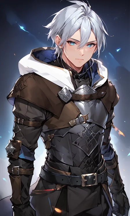 score_9_up, score_8_up, score_7_up, score_6_up, solo, 1boy, zPDXLxxx, rating_explicit, male focus, ras, white hair, short hair, light skin, blue eyes, white high collar hood, hood down, brown and silver mantle, steel breastplate, brown blue and black gloves, black belts, masculine, dark fantasy art, grimdark, best_quality, masterpiece, dark cold color scheme, valorant style, dvs, <lora:sxz-valorant-smol-v2-pdxl:0.2> <lora:Concept Art DarkSide Style LoRA_Pony XL v6:0.9> <lora:Ras_-_Epic_Seven:0.85>