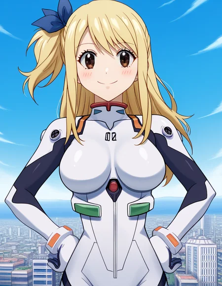 score_9, score_8_up, score_7_up, source_anime, lucyheartfilia, <lora:lucy-heartfilia-s7-ponyxl-lora-nochekaiser:1>, lucy heartfilia, blonde hair, brown eyes, long hair, one side up, ribbon, hair ribbon, blue ribbon, large breasts,, <lora:rei-ayanami-cosplay-ponyxl-lora-nochekaiser:1>, reiayanamicosplay, ayanami rei \(cosplay\), bodysuit, headgear, plugsuit, white bodysuit,, outdoors, cityscape, smile, blush, hands on hips,, cowboy shot, dutch angle, solo,