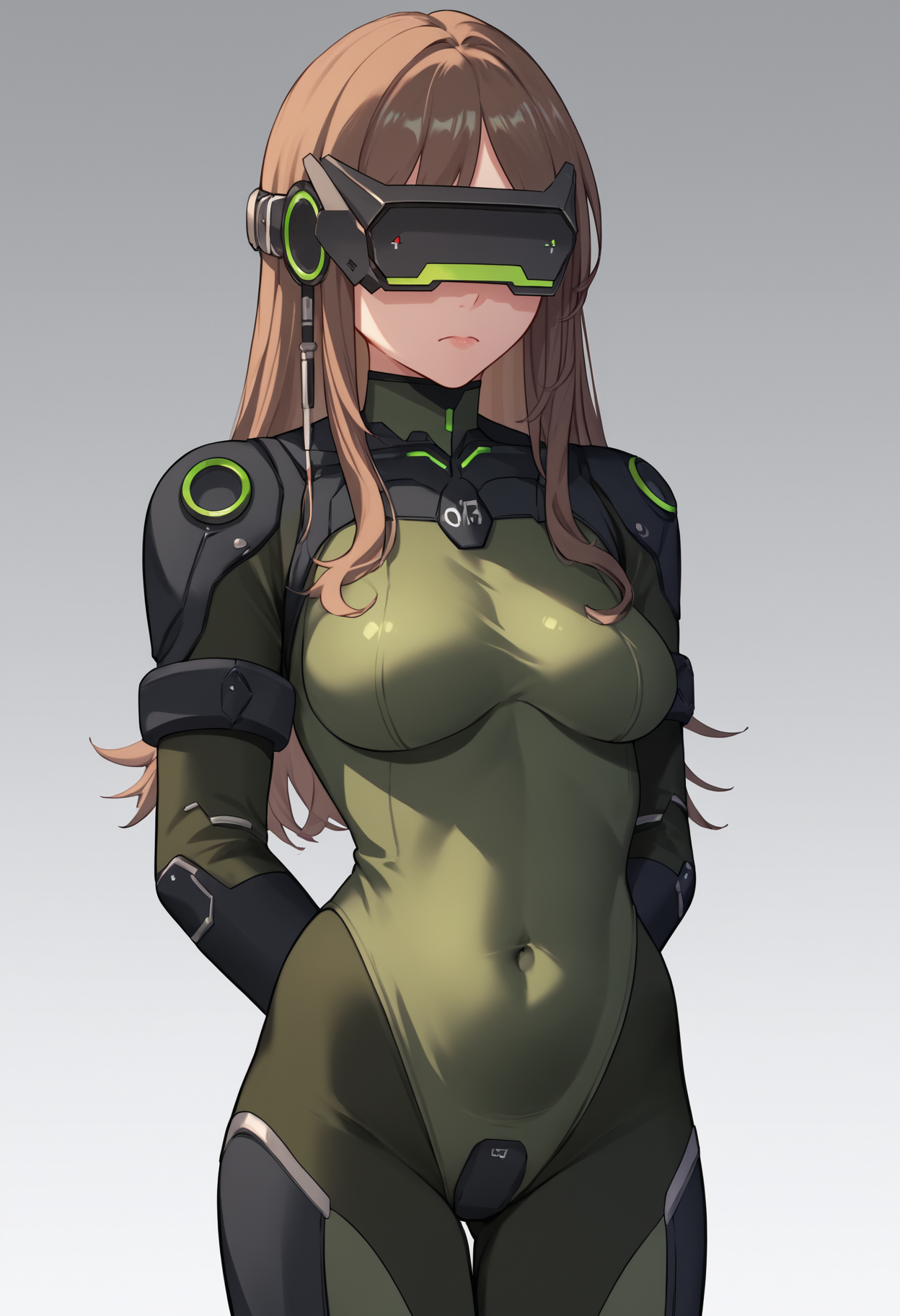 score_9, score_8_up, score_7_up, source_anime BREAK 1girl, solo, <lora:massproduced-nikke-richy-v1_pdxl:1> mssprd, head-mounted display, covered eyes, brown hair, long hair, green bodysuit, standing, closed mouth, breats, covered navel, arms at sides