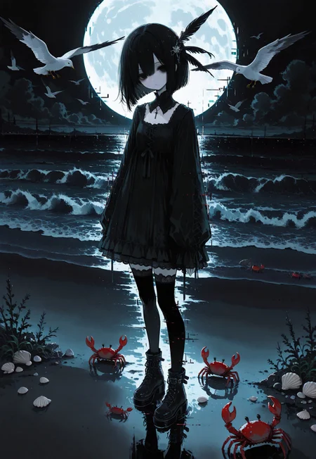 masterpiece,  best quality, good quality, very awa,  very aesthetic, absurdres, newest, 8k, HDR, focused subject, oc-chan_(ketopon), 1girl, solo, black hair, bob cut, hair between eyes, feather hair ornament, black eyes, solid eyes, expressionless, looking at viewer, head tilt, pale skin, goth fashion, frilled dress, high collard,lace trim, square neckline, black tighhighs, zettai ryouiki, ankle boots, standing at beach, pigeon-toed, crab, shells, seaweed, seagull silhouette,ocean, full moon, reflection, vanishing point, horizon, wind, clouds, dappled light, three quarter view, dutch angle,full body, dark theme,chromatic aberration, limited palette, cold lighting, (glitch art), intricate, no lineart, no outline,painterly, blending, flat color, 15546+456868, r17329_illu,