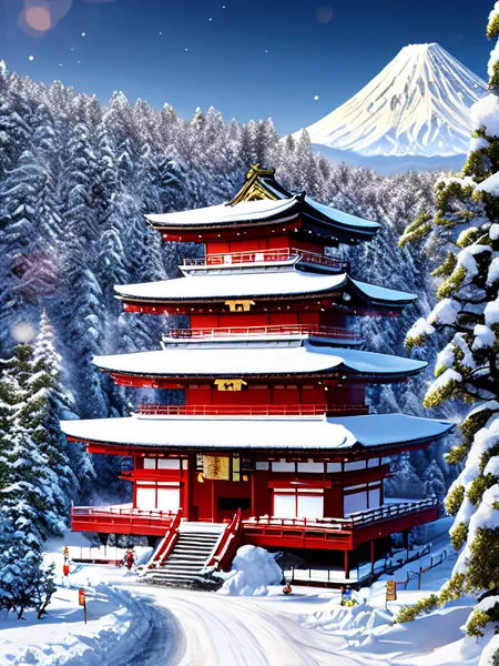 (extremely detailed CG unity 8k wallpaper),(masterpiece), (best quality), (realistic), (((japan))), snowy japanese streets, scenery, style-winter, detailed, fluffy clouds in the sky, (paint splashes:1.3), (splatter:1.2), outrun, vaporware, shaded flat illustration, digital art, trending on artstation, highly detailed, fine detail, intricate, ((lens flare)), (backlighting), (bloom), [Style-Micro::30], (((geisha in kimono)))