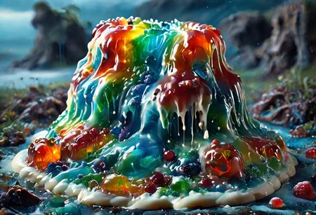 high quality, (Domination of the blue color:2), Jellystyle, stone bridge<lora:bad_prompt_version2-neg:1> <lora:By bad artist -neg:1> <lora:Jelly_Style:1> (rainbow color grading:1.5). (Icing milk:2). (Sugar coating :1). berry made of jelly. River of milk. ais-chocsauce Mountains. Crystallized Sugar Rain. The floor is covered with honey. Multi-colored Jellystyle bears.
(Fish) Made of gum with glowing precious stones is shown into the jello realm. From the right of the frame, the Jellystyle bears.
CastleBreizh XL Mk8 on the left.
Asymetric composition, dynamic pose, field of depth, grass in the foreground. Close-up view from below.
