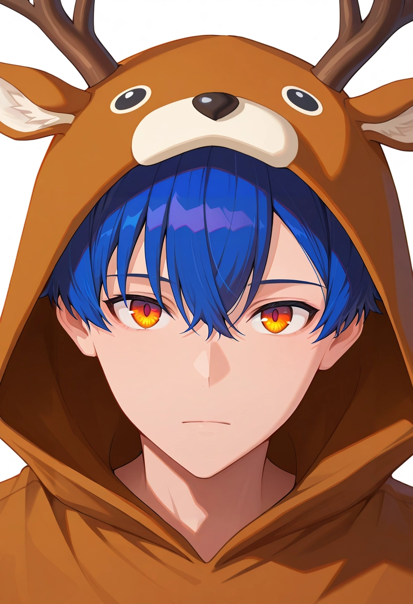 masterpiece, best quality, , semi-realistic, looking at viewer, 1boy, solo, male focus, <lora:yomogi_asanaka_ilxl:1>, yomogi_asanaka, blue hair, orange eyes, short hair, bangs, hair between eyes, , , , deer costume