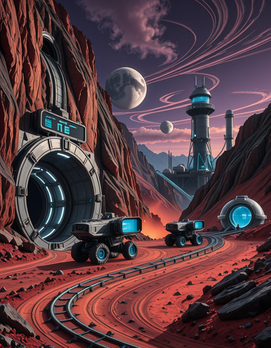 A futuristic mining outpost on a distant, rocky planet with a harsh, alien landscape. The mine entrance is a massive, reinforced metal tunnel carved into the side of a jagged, dark-red mountain. Advanced, glowing blue energy lights line the entrance, illuminating the metallic tracks that lead deep underground. Large, heavily-armored mining vehicles with mechanical arms and drills are stationed nearby, extracting rare minerals from the rock. The ground is covered in fine, reddish dust, kicked up by the movement of autonomous robotic drones that transport ore to a towering industrial refinery in the background. The sky is a deep, dark purple with swirling clouds and two distant moons casting a cold, eerie glow. In the distance, futuristic habitation domes with transparent walls house workers in protective exosuits, their silhouettes visible inside. A neon-lit control tower monitors operations, its holographic screens displaying real-time data. The atmosphere is both desolate and technologically advanced, evoking a sense of exploration and survival on the edge of the galaxy.
<lora:SDXLFaeTastic2400:0.4> <lora:extremely_detailed:0.4> extremely detailed,futuristic mining 0utp0st, <lora:futuristic_mining_0utp0st-i:1>, Masterpiece,best quality,hi res,8k,hi res,8k,award winning,(sharp focus, intricate, highly detailed),