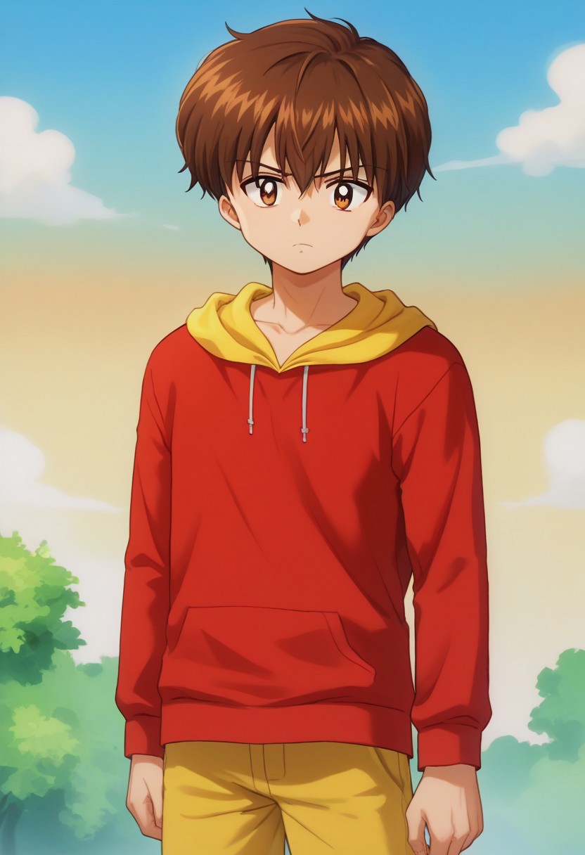 score_9, score_7_up, source_anime 
kanata, 1boy, male focus, solo, brown eyes, brown hair, short hair, bangs, hair between eyes, hoodie, hood, red hoodie, yellow hood, pants, frown
outdoor, sky,