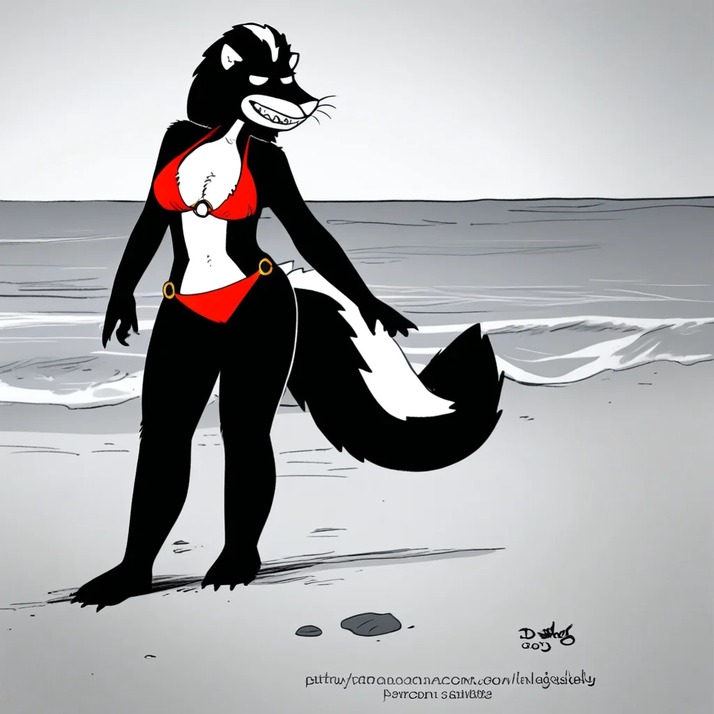 score_9, score_8_up, score_7, source_furry, O'daisies(T), Solo, 1girl, anthro, furry female, skunk, skunk girl, black and white fur, blank eyes, long hair, white hair streak, skunk tail, pink nose, sharp teeth, medium breasts, full body, looking at viewer, smiling, red bikini, o-ring, standing, beach setting,