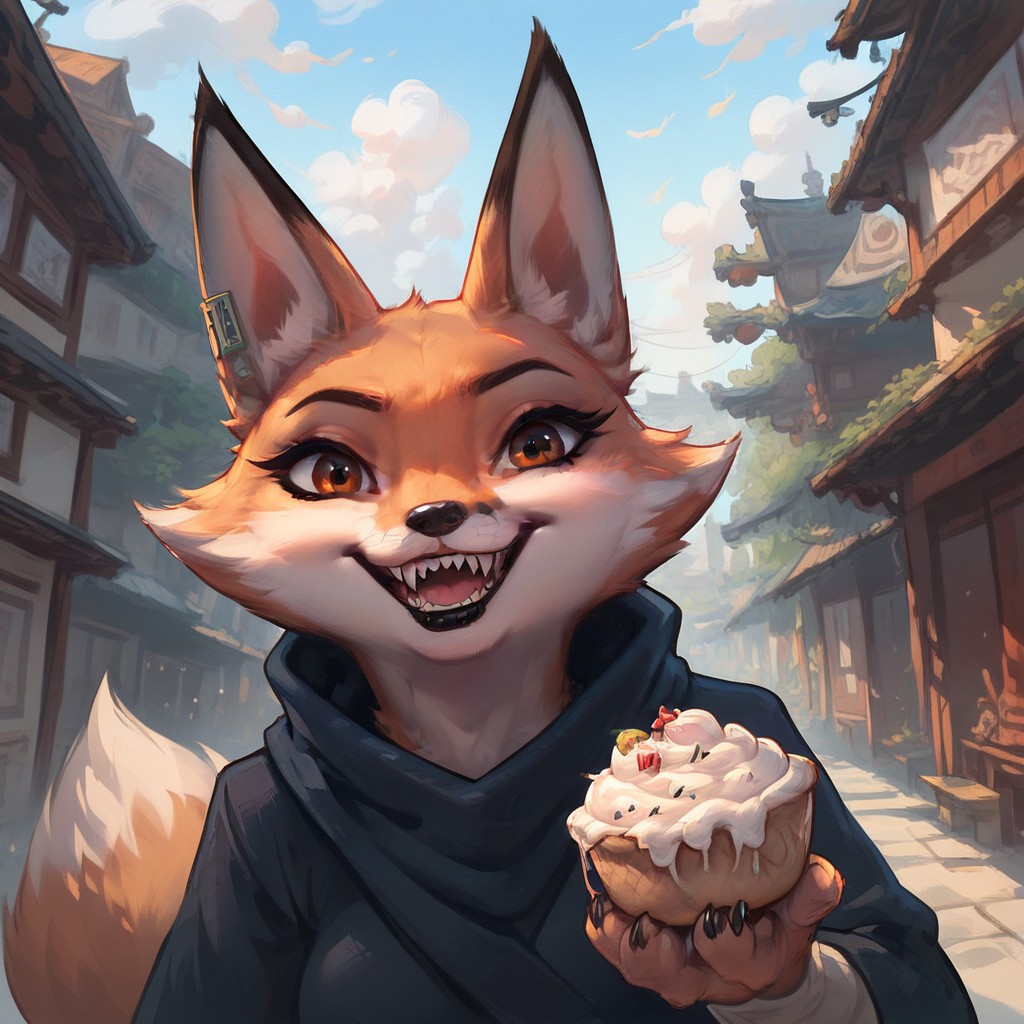 score_9, score_8_up, score_7_up, (best quality:1.1), ultra-detailed, high resolution, 1girl, Zhen, female, Corsac fox, Fur Gray and White, Sharp teeth, brown eyes, thick lips, Black lipstick, Beautiful eyes, Fox tail, Looking At Viewer, Sly smirk, Sweets, Eating sweets, Overeating Sweets, Very Overeaten, Extreme Detailed Background, The quality of ai art is frightening