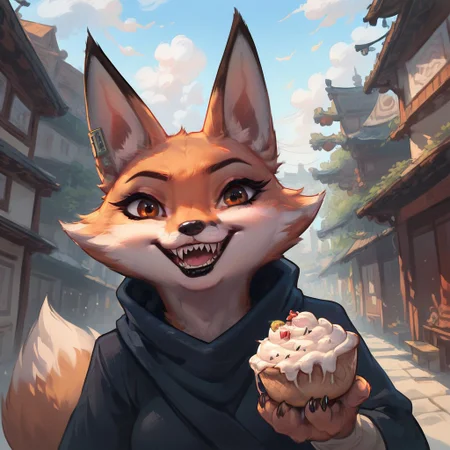 score_9, score_8_up, score_7_up, (best quality:1.1), ultra-detailed, high resolution, 1girl, Zhen, female, Corsac fox, Fur Gray and White, Sharp teeth, brown eyes, thick lips, Black lipstick, Beautiful eyes, Fox tail, Looking At Viewer, Sly smirk, Sweets, Eating sweets, Overeating Sweets, Very Overeaten, Extreme Detailed Background, The quality of ai art is frightening