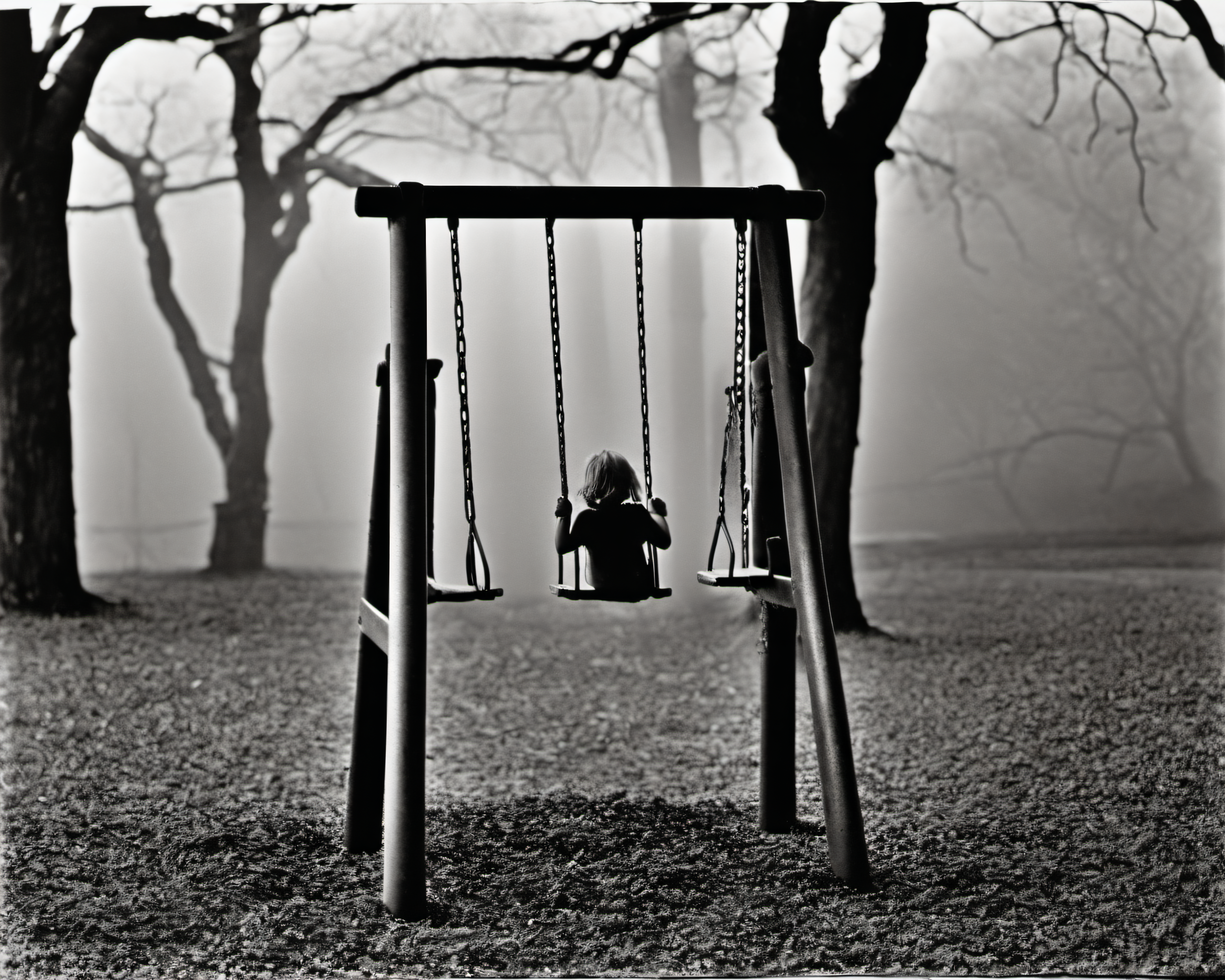 on a post-apocalyptic playground, creaking swing set, rusted slide, weedy sandbox., by Ralph Gibson, SZ_4poXL enviroment   <lora:Post ApocalypticXL_v2:0.6>