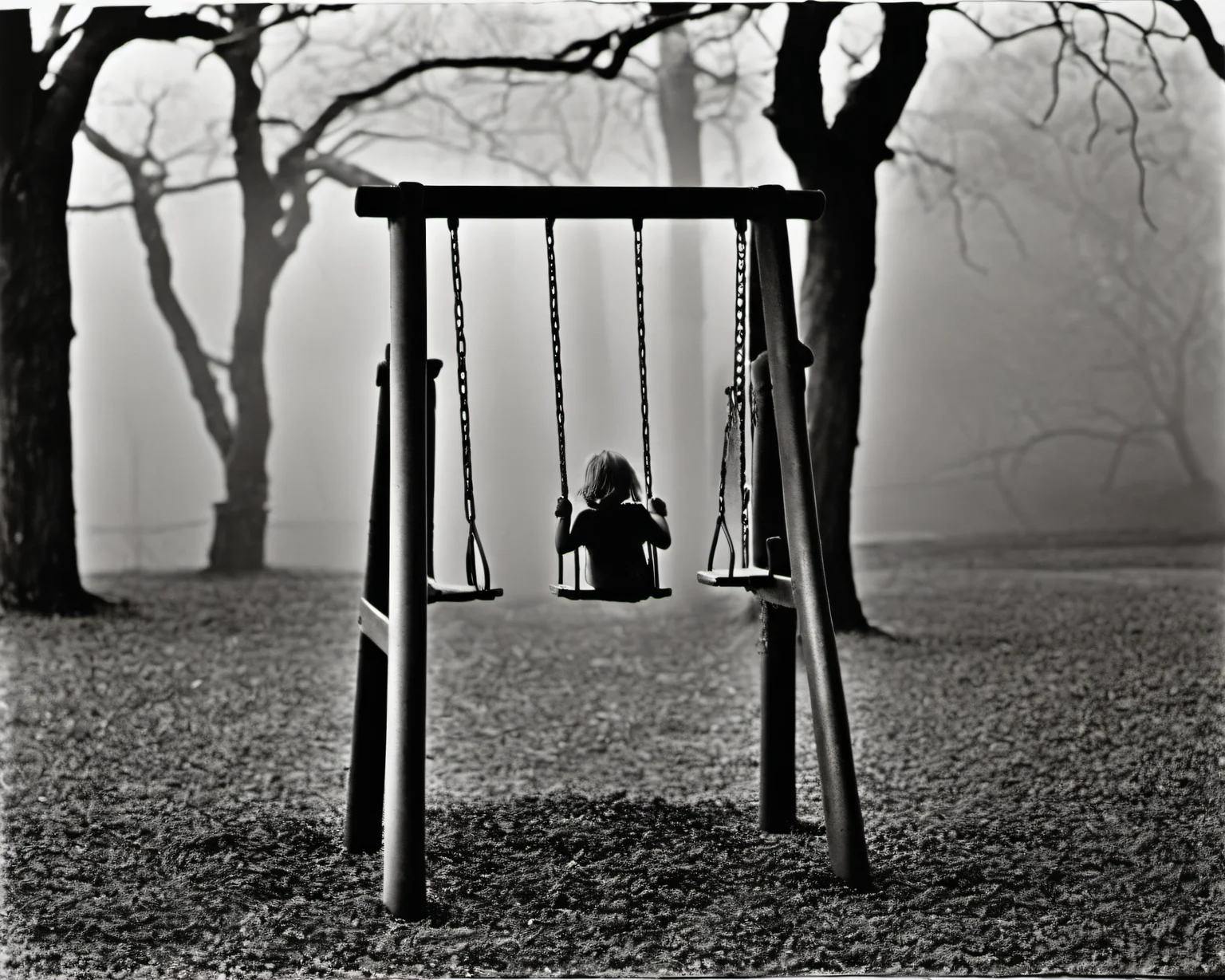 on a post-apocalyptic playground, creaking swing set, rusted slide, weedy sandbox., by Ralph Gibson, SZ_4poXL enviroment <lora:Post ApocalypticXL_v2:0.6>
