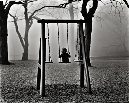 on a post-apocalyptic playground, creaking swing set, rusted slide, weedy sandbox., by Ralph Gibson, SZ_4poXL enviroment   <lora:Post ApocalypticXL_v2:0.6>
