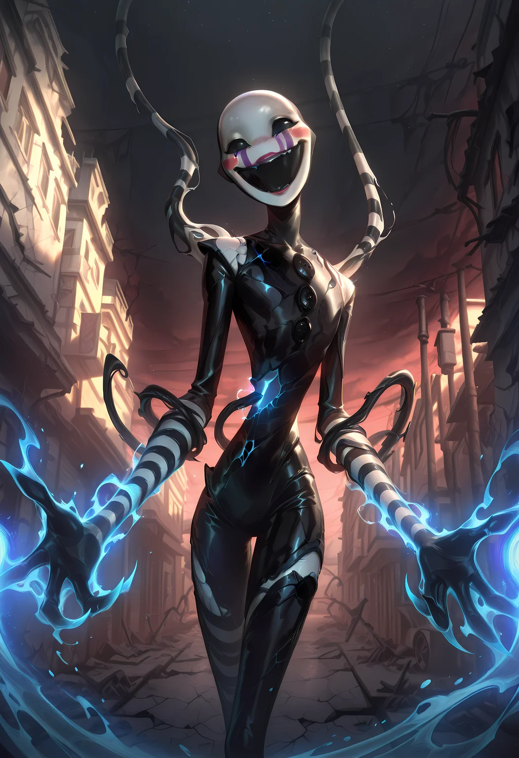 puppet, mask, black bodysuit, smile, open mouth, blush stickers, striped, purple tear streaks, no pupils, black empty sockets, black sclera, <lora:illustrious_quality_modifiers_masterpieces_v1:1> masterpiece, very aesthetic, ,hand writen, sky, no pupils, long limbs, long arms, long legs, slender, masterpiece, best quality, amazing quality, very aesthetic,,open arms,(solo),looking at viewer, <lora:L0LSPL4SH_IllustriousXLv01:1> best quality, masterpiece \(quality\), L0LSPL4SH, year2024, year2023, West Studio, sixmorevodka, {prompt} <lora:puppet-10:0.8>,,no pupil,very dark background,scary,,,head tilt, cowboy shot, dutch angle,,humpback pose,,,,evil,white magic,,necromancer,burning background,collapse,collapsing buildings,detailed background,cracks on body,magic from cracks on body,BALD,