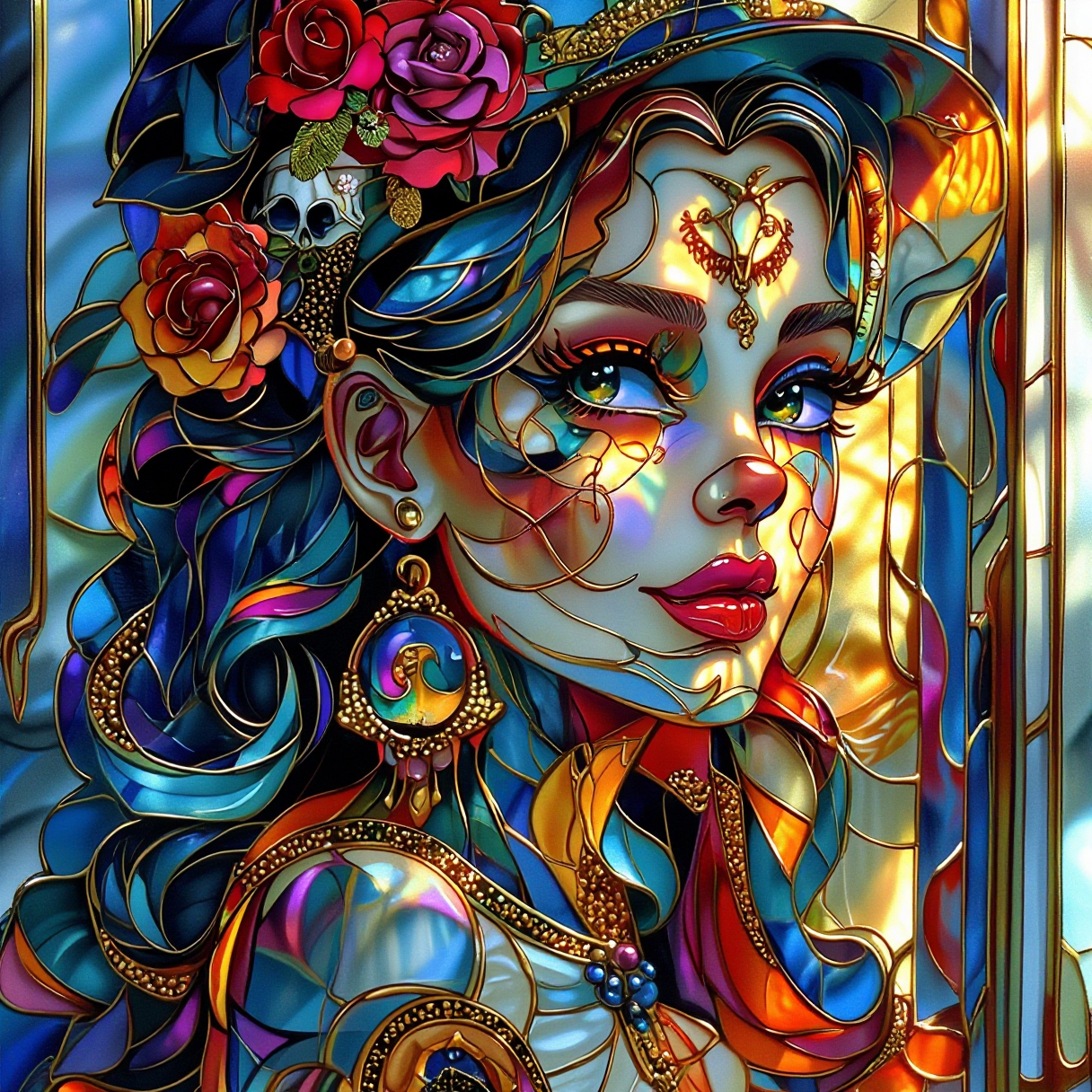  a dazzling woman with an ethereal aura, her face a kaleidoscope of intricate, colorful tattoos and neon makeup that appears to melt like liquid rainbows, dripping with iridescent hues. Her eyes, framed by long, dramatic lashes and bold, multicolored eyeshadow, gradate into vivid colors—electric pinks, blues, oranges, purples, yellows, and greens. Her hair flows in a mesmerizing spectrum, each strand shimmering with intensity. She wears a decorated hat with roses, beads, and ornate charms, giving her a mystical allure. Her lips glisten with cosmic colors, adding a mesmerizing touch to her enigmatic smile. The tattoos on her face and neck blend floral patterns, skulls, and abstract swirls, symbolizing beauty, rebellion, and bold self-expression. This dreamlike composition captures a blend of fantasy, gothic elegance, and psychedelic pop art, enhanced by a subtle film grain. A grittily enchanting nymph, her delicate features contrast with urban decay: dirt-smudged cheeks, ethereal freckles, and neon hair cascading over graffiti-covered walls. The digital painting blends cyberpunk and fantasy elements, each pixel capturing the essence of a mystical being in a dystopian setting.