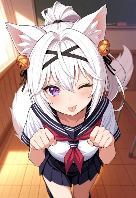high angle, solo, woman, filian, purple eyes, white hair, fox ears, school uniform, serafuku, tail, ponytail, bell, paw pose, wink, tongue bite, room, high quality, best quality, masterpiece, 4k resolution, anime