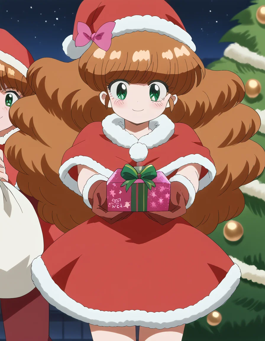 score_9, score_8_up, score_7_up, source_anime, <lora:azusa-shiratori-s1-ponyxl-lora-nochekaiser:1>, azusa shiratori, long hair, brown hair, bow, green eyes, hair bow, pink bow, medium breasts, anime screencap,, <lora:santa-costume-ponyxl-lora-nochekaiser:1>, santa costume, santa hat, christmas, sack, merry christmas, gift, fur-trimmed headwear, holding sack, santa dress, fur-trimmed dress, christmas tree, christmas tree, fur trim, red capelet, gift box, red gloves, fur-trimmed capelet, santa gloves, red hat, hat,, smile, blush, looking at viewer, <lora:incoming-gift-ponyxl-lora-nochekaiser:1>, incoming gift, outstretched arms, holding, holding gift, gift, gift box,, , dutch angle, cowboy shot