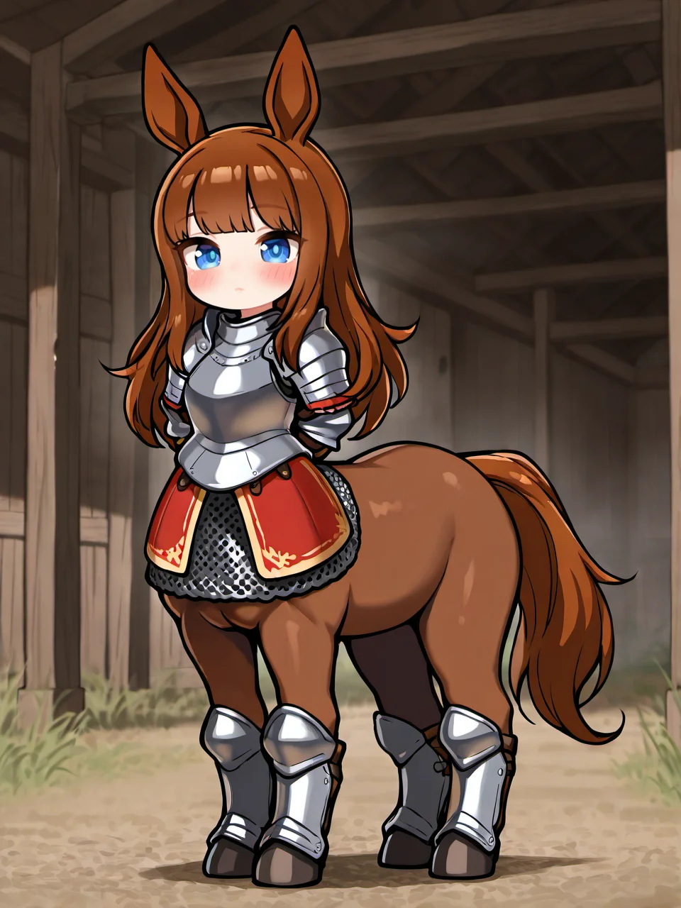 masterpiece, best quality, amazing quality, very aesthetic, high resolution,
epona, centaur, taur, 1girl, solo, brown hair, animal ears, blue eyes, long hair, armor, looking at viewer, chainmail, horse ears, arms behind back, bangs, armored boots, chibi, breastplate, blush, full body, closed mouth,
<lora:epona_race_v2_illustrious_epoch_7:0.9>,
<lora:NOOB_EPSv1_1_detailer_by_vlnvk_v1_0:1>